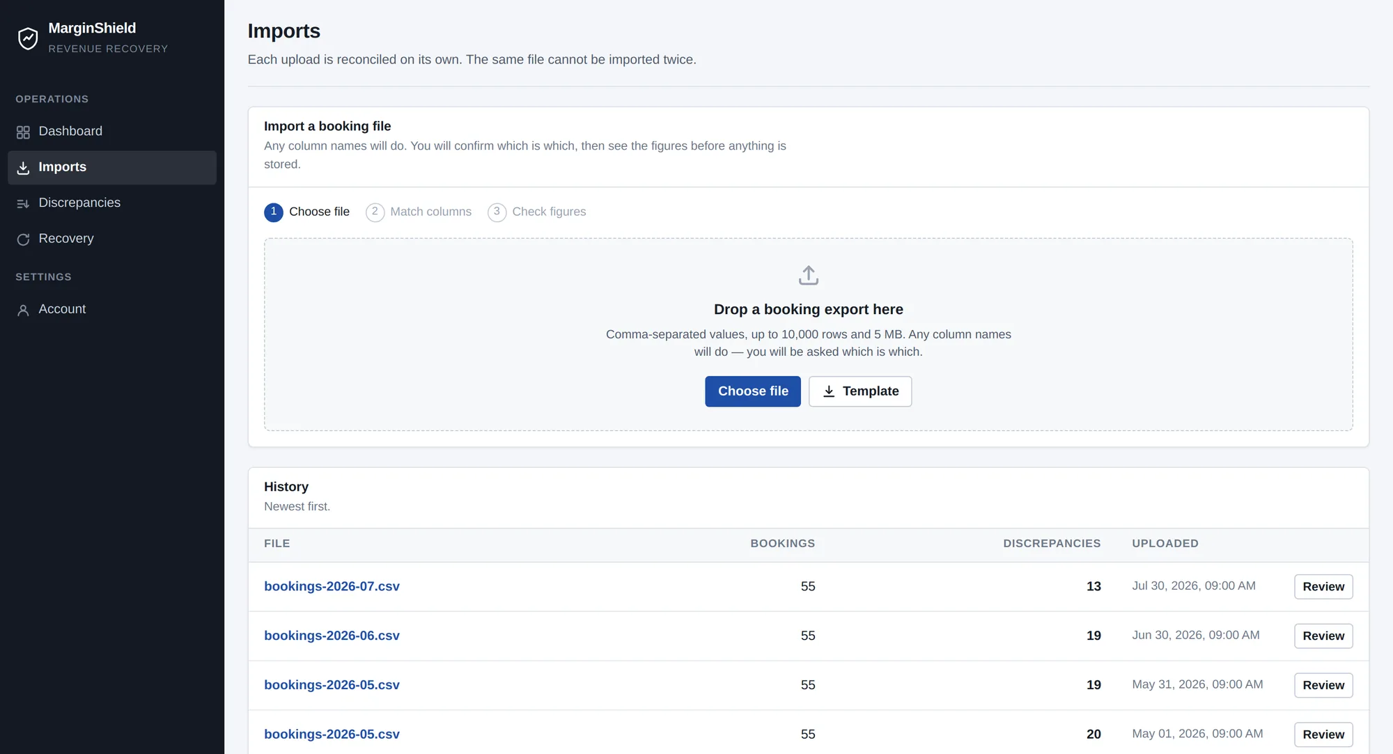 The imports screen: uploaded files with row counts and discrepancies found.